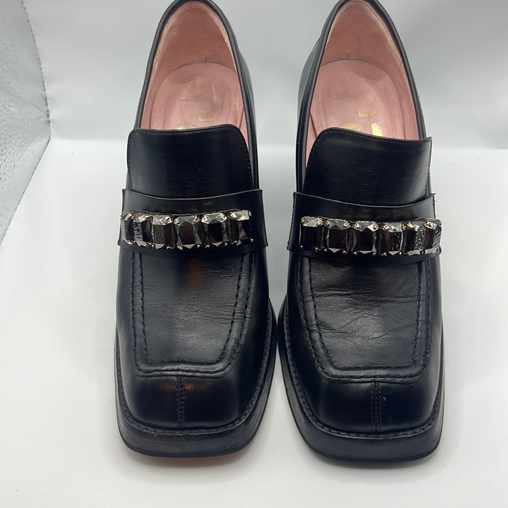RAS black chunky heel leather loafer square toe/heel w/jewel detail SZ 39 US 9